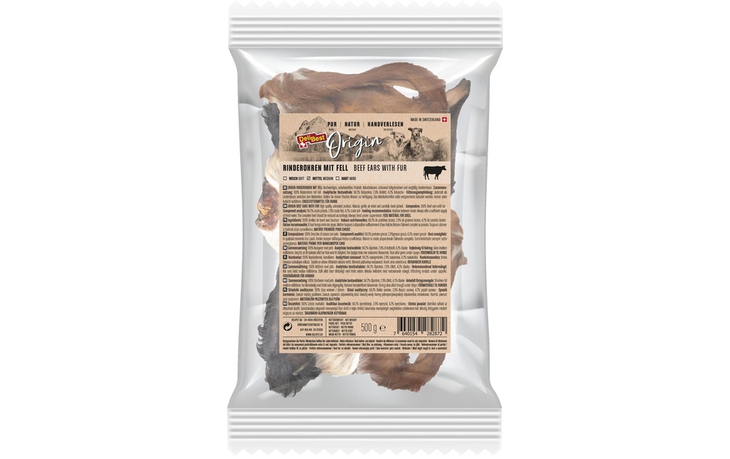 DeliBest Produit à mâcher  Oreilles de bœuf originales avec fourrure 500 g