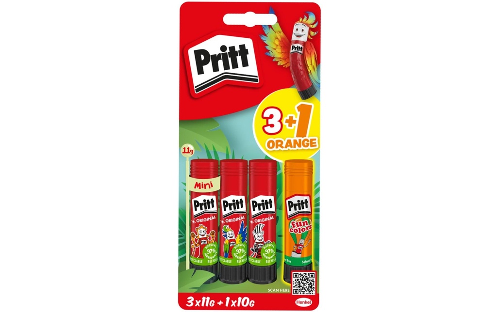 Pritt Bâton de colle 3x11g + 1x10g, Orange, Rouge