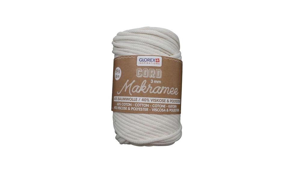 Glorex Laine Cordon de macramé tissé 85 m x 3 mm, 250 g, Blanc