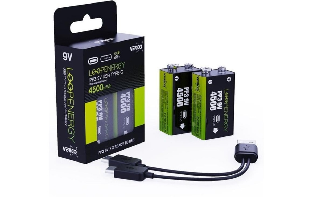 Verico Batterie PP3 Li-Ion 9V E-Block  avec USB-C 500 mAh, 2 Pièce/s