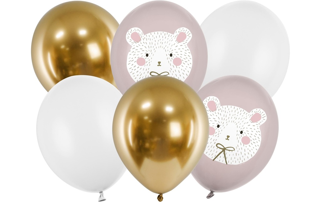 Partydeco Ballon de baudruche Ours polaire Doré/Blanc/Rose, Ø 30 cm, 6 pièces