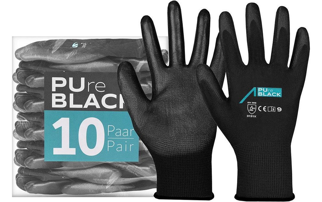 ACE Gant de travail 10 paires de PureBlack PU Taille: M, Noir