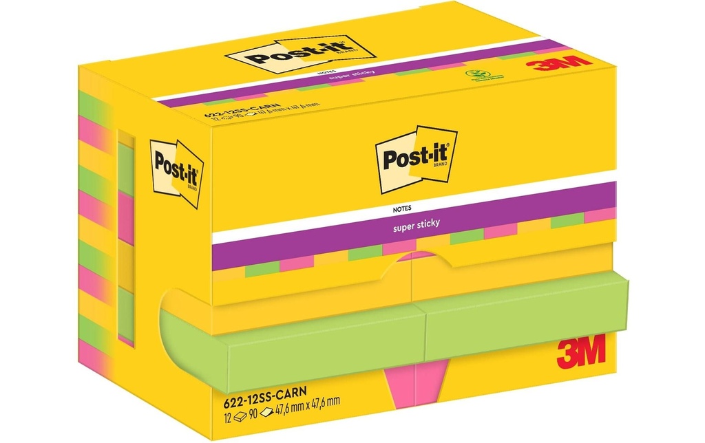Post-it Fiche de bloc-notes Super Sticky 47 x 47 mm, Carnival, 12 blocs