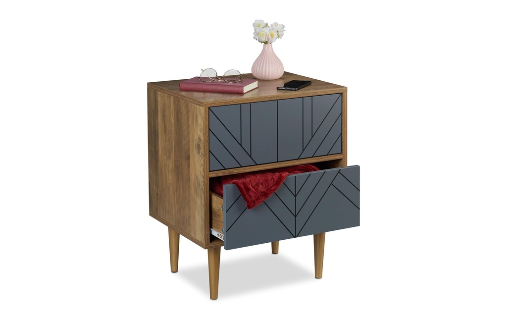 relaxdays Table de nuit avec 2 tiroirs 60 x 48 cm, Gris/Nature