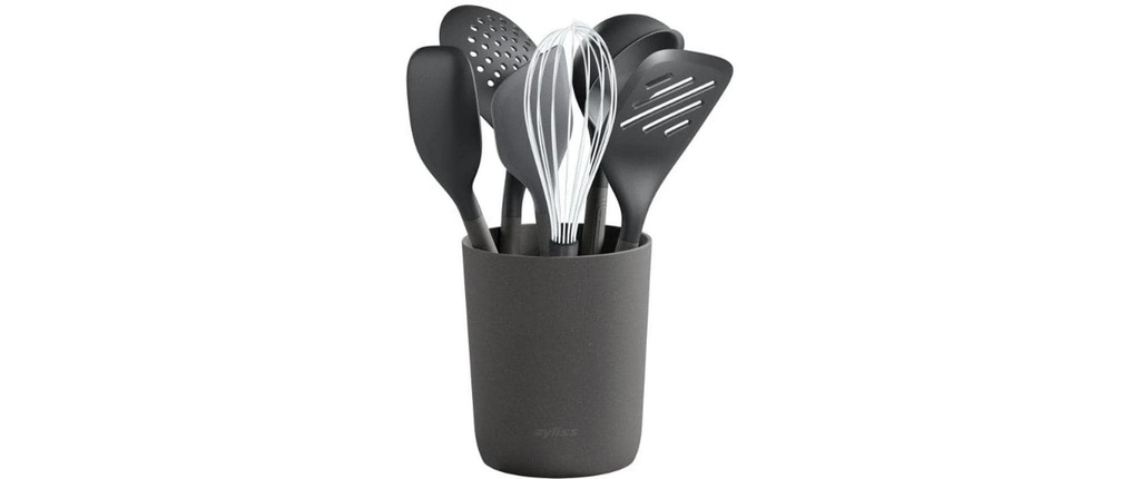 Zyliss Ustensiles de cuisine avec support 7 pièces, Noir/Argenté/Gris