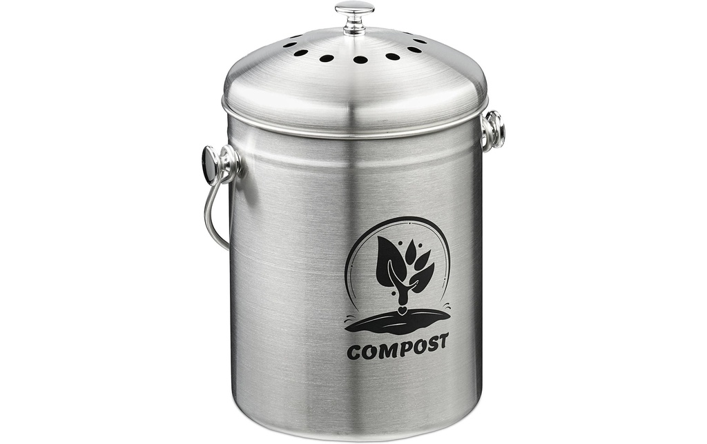 relaxdays Seau à compost avec filtre anti-odeur 5 l, Noir/Argenté