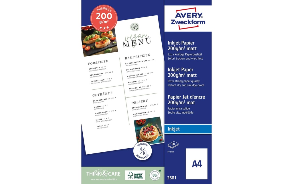 Avery Zweckform Papier photo A4, blanc mat, 50 feuilles