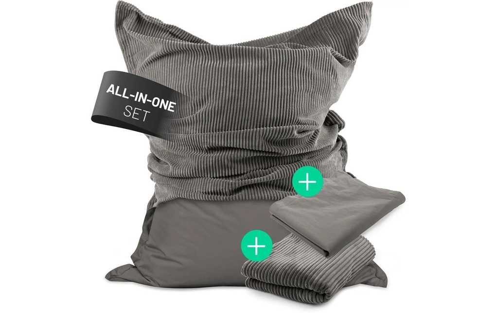 Lumaland sac pour s'asseoir + housse en velours côtelé Gris, 380 l