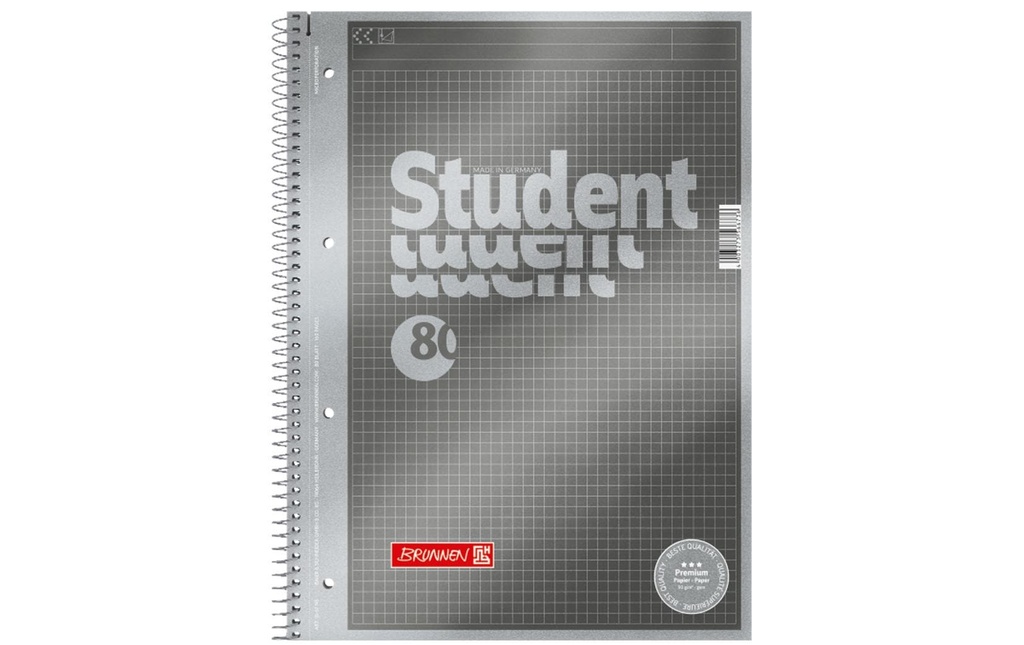Brunnen Bloc-notes de collège Premium Student Protocole A4, quadrillé, argenté
