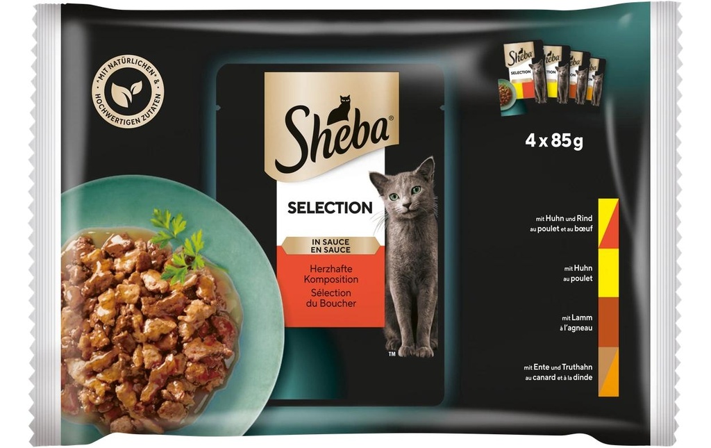 Sheba Alimentation humide Sauce Sélection Composition savoureuse, 4 x 85g