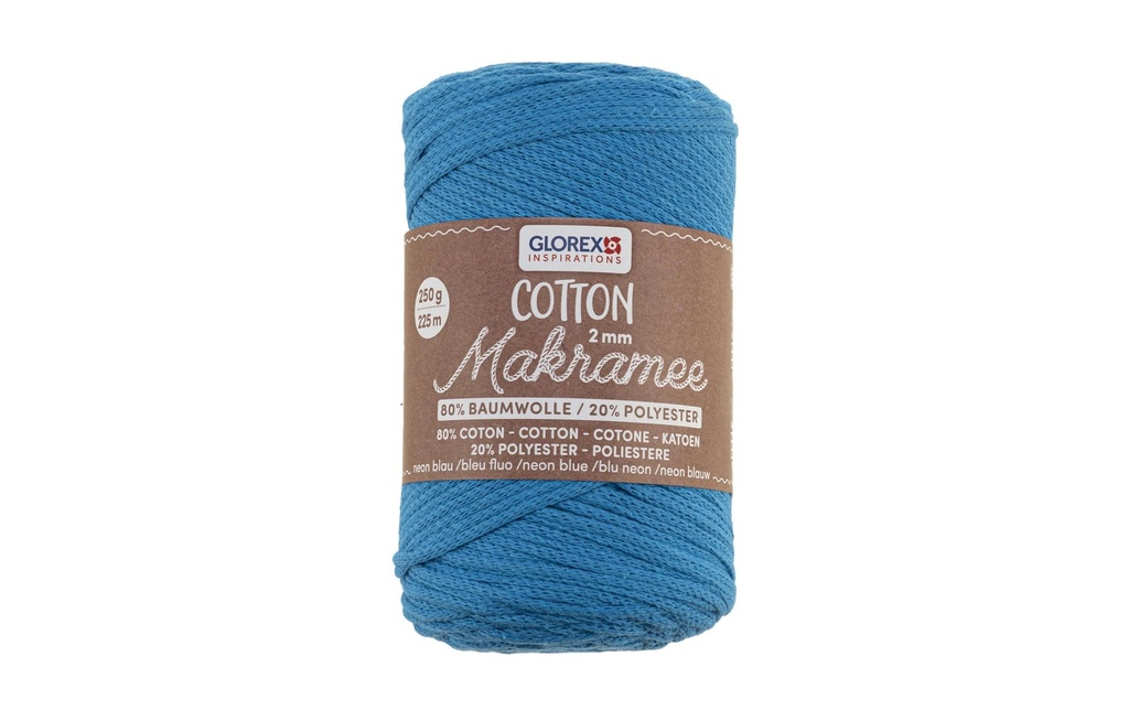 Glorex Laine Macramee Cotton 225m x 2 mm, 250g, bleu néon