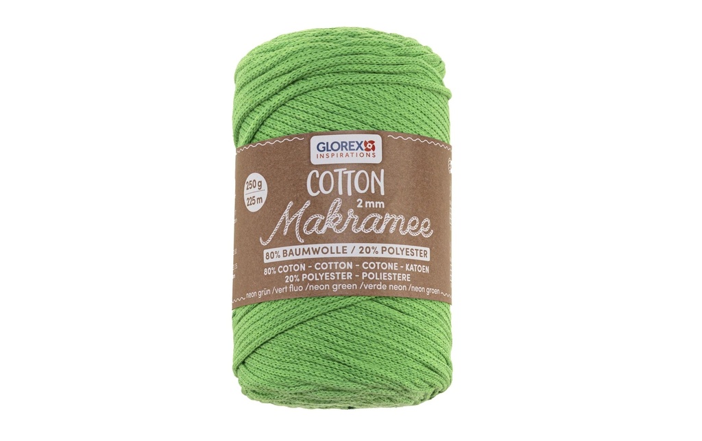Glorex Laine Macramee Cotton 225m x 2 mm, 250g, vert fluo