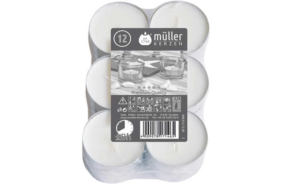 müller Kerzen Bougie chauffe-plat en douille d'aluminium 5.5 x 2.2 cm, Blanc, 12 pièces