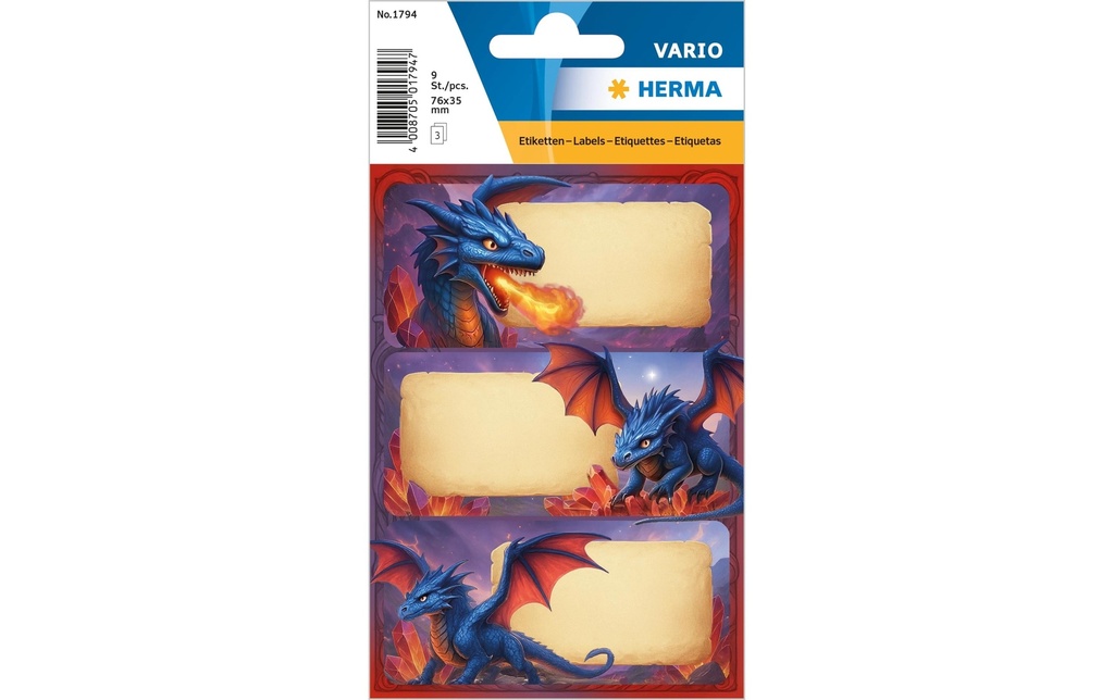 Herma Stickers Étiquettes scolaires Dragon 3 feuilles / 9 autocollants