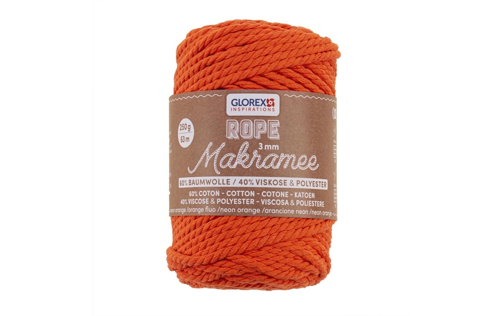 Glorex Laine Macramee Rope torsadé 63 m x 3 mm, 250g, orange fluo