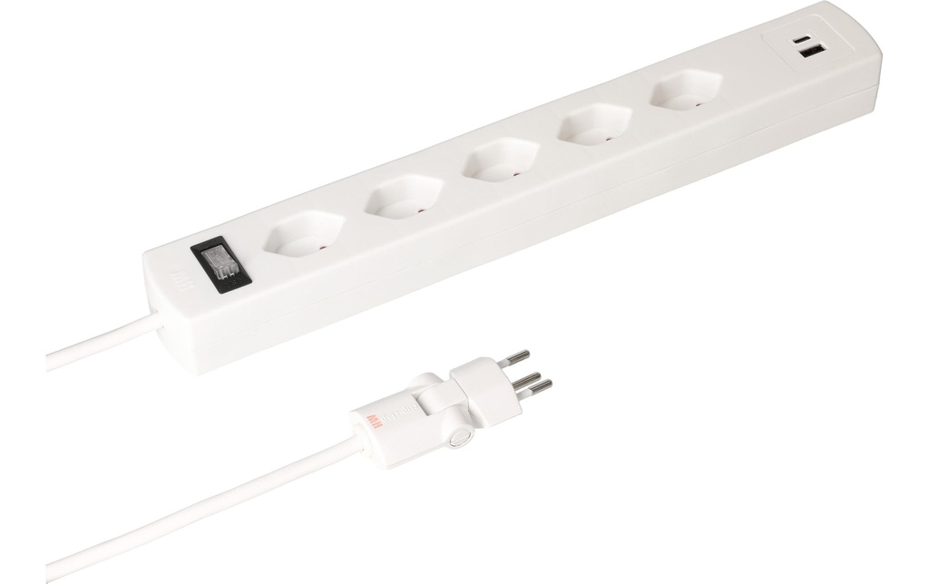Max Hauri Bloc multiprises SafetyLine 5x T13 avec USB A C, blanc