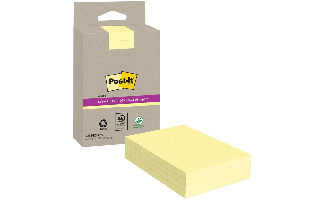 Post-it Fiche de bloc-notes 3M Notes de recyclage 4 blocs, jaune, lignés