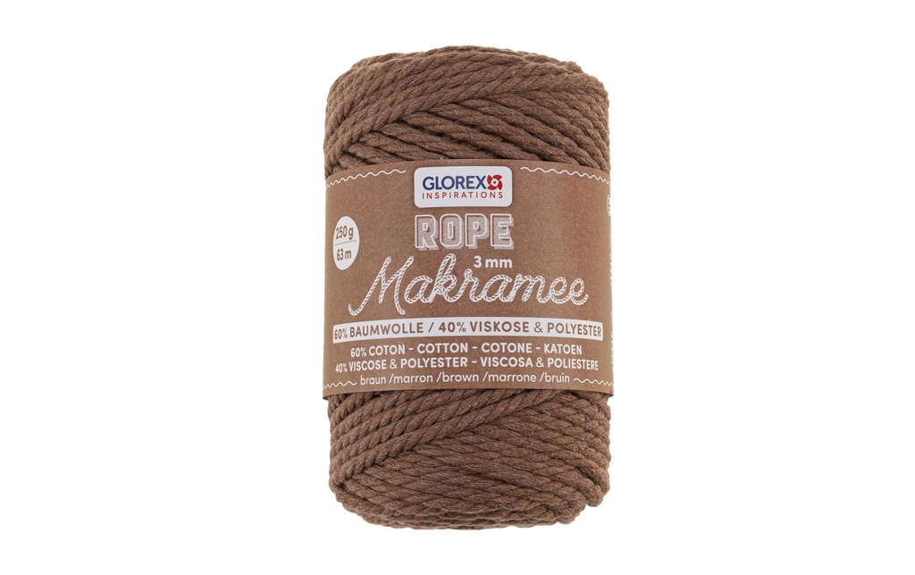 Glorex Laine Macramee Rope torsadé 63 m x 3 mm, 250g, marron