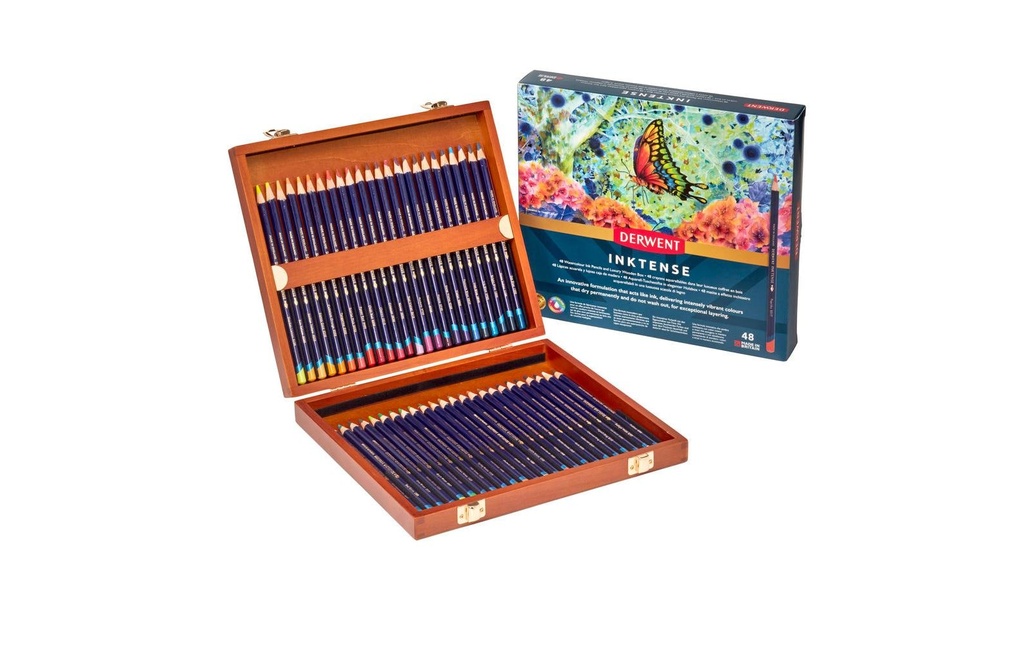 Derwent Crayons aquarelle Set cadeau Inktense dans une boîte en bois, 48 pièces