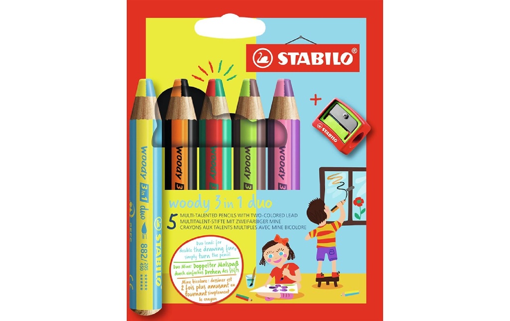STABILO Crayons de couleur Box Woody 3 en 1 duo, 5 pièces