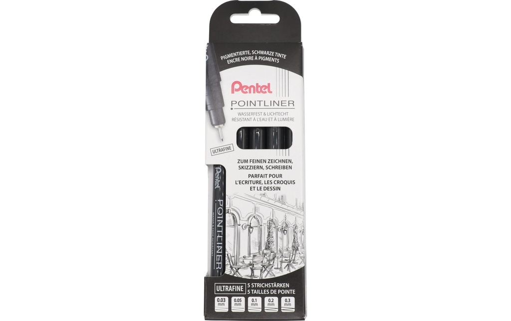 pentel Fineliner Pigment ultrafin Noir, set de 5 pièces