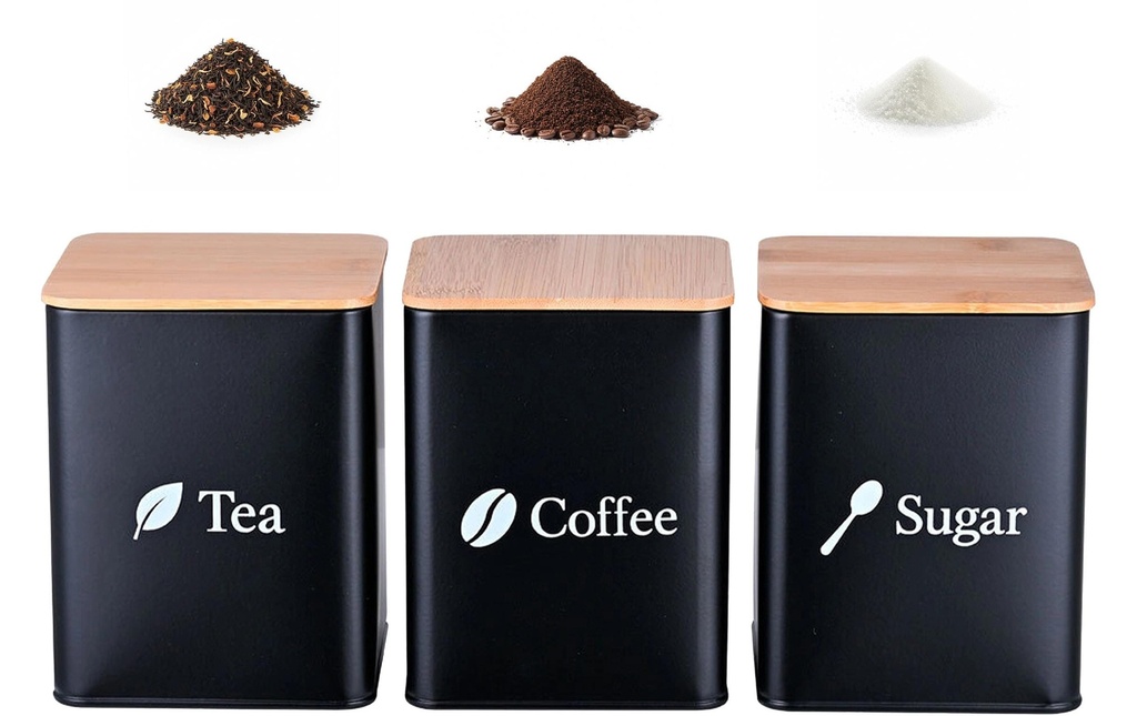 relaxdays Set de boîtes à provisions café/thé/sucre Noir chacun 1.5 L