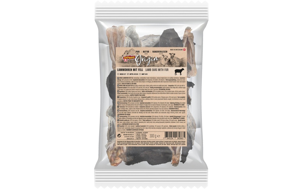 DeliBest Produit à mâcher  Origin Oreilles d'agneau avec fourrure 300 g, viande suisse