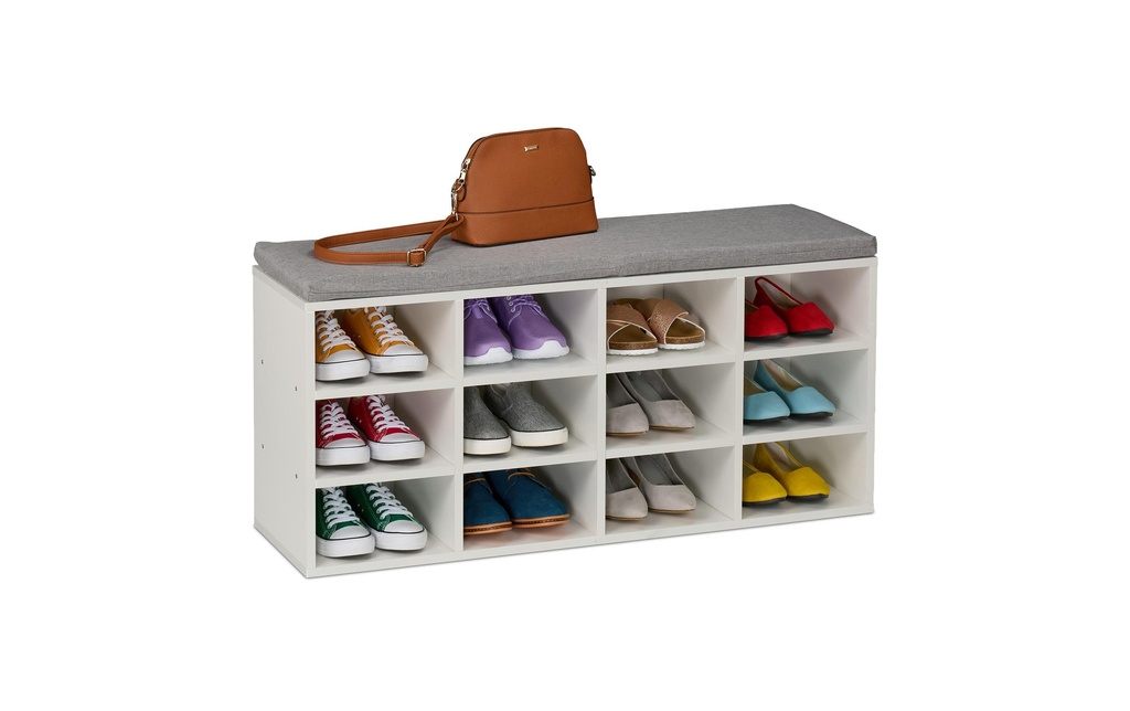 relaxdays Banc à chaussures avec assise avec 12 compartiments, Gris/Blanc