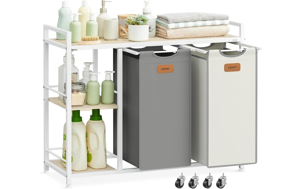 VASAGLE Corbeille à linge avec 2 compartiments 100 l, Beige/Gris/Blanc