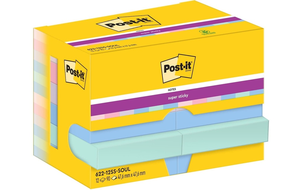 Post-it Fiche de bloc-notes Super Sticky 47 x 47 mm, Soulful, 12 blocs