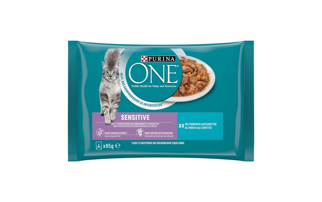 Purina ONE Alimentation humide SENSITIVE en sauce thon/carottes, 4 x 85g