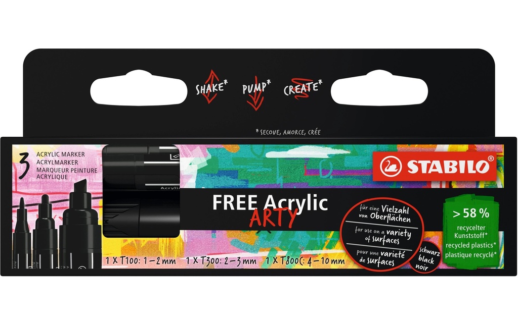 STABILO Marqueur acrylique Free Acrylic Mix Noir, 3 étuis