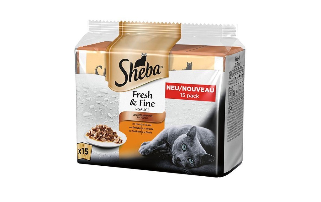 Sheba Alimentation humide Fresh & Fine en sauce Variation de volaille, 15 x 50 g