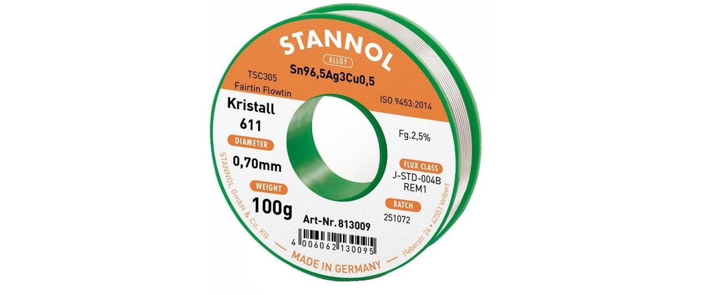 Stannol Étain à braser Kristall 611 TSC Ø 0.7 mm 100 g