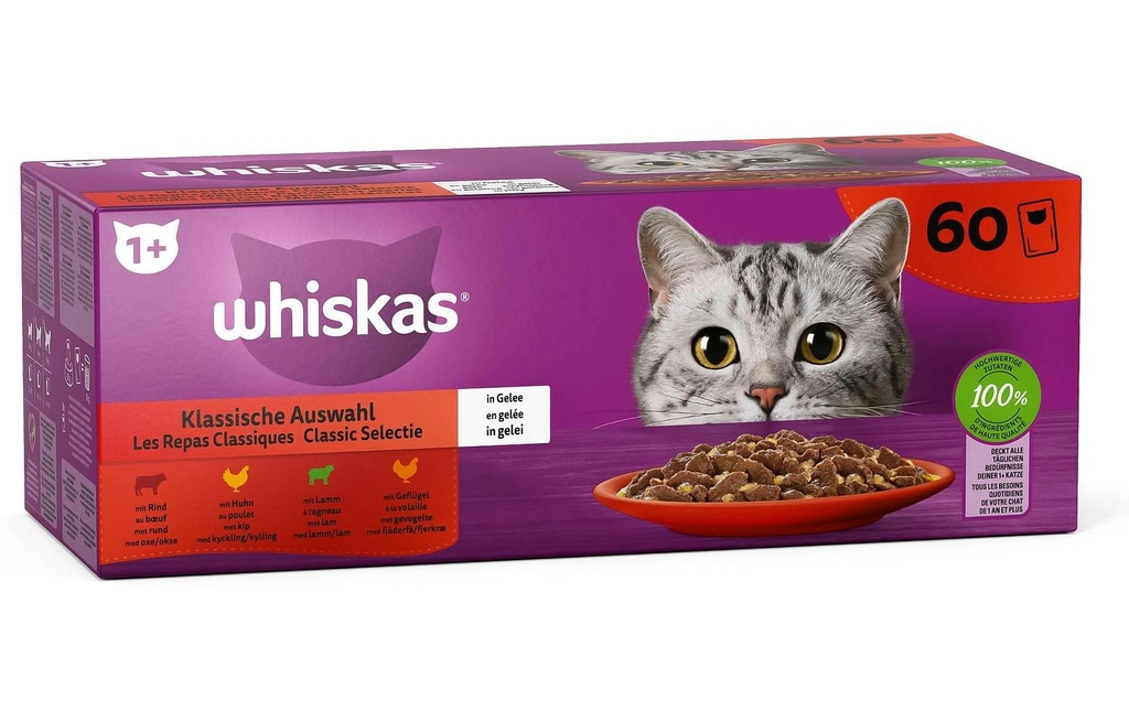 Whiskas Alimentation humide Adult 1+ Sélection classique en gelée 60 x 85 g