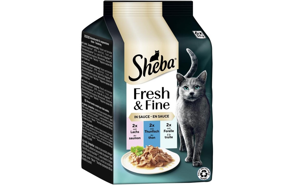 Sheba Alimentation humide Sauce au saumon, au thon et à la truite, 6 x 50g