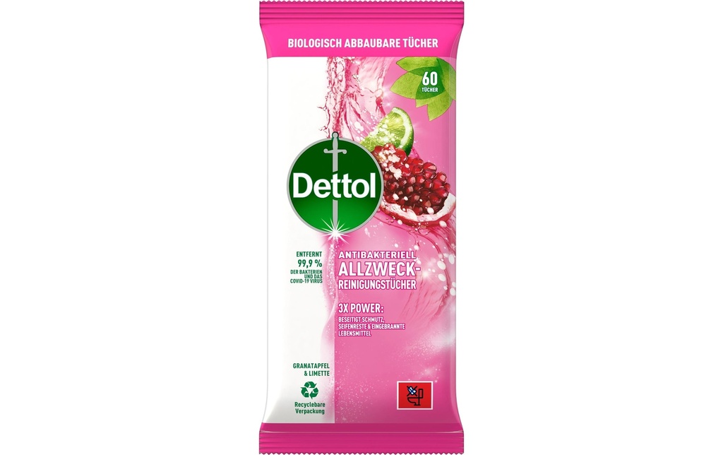 Dettol Lingettes nettoyantes multi-usages Grenade & Citron vert 60 pièces