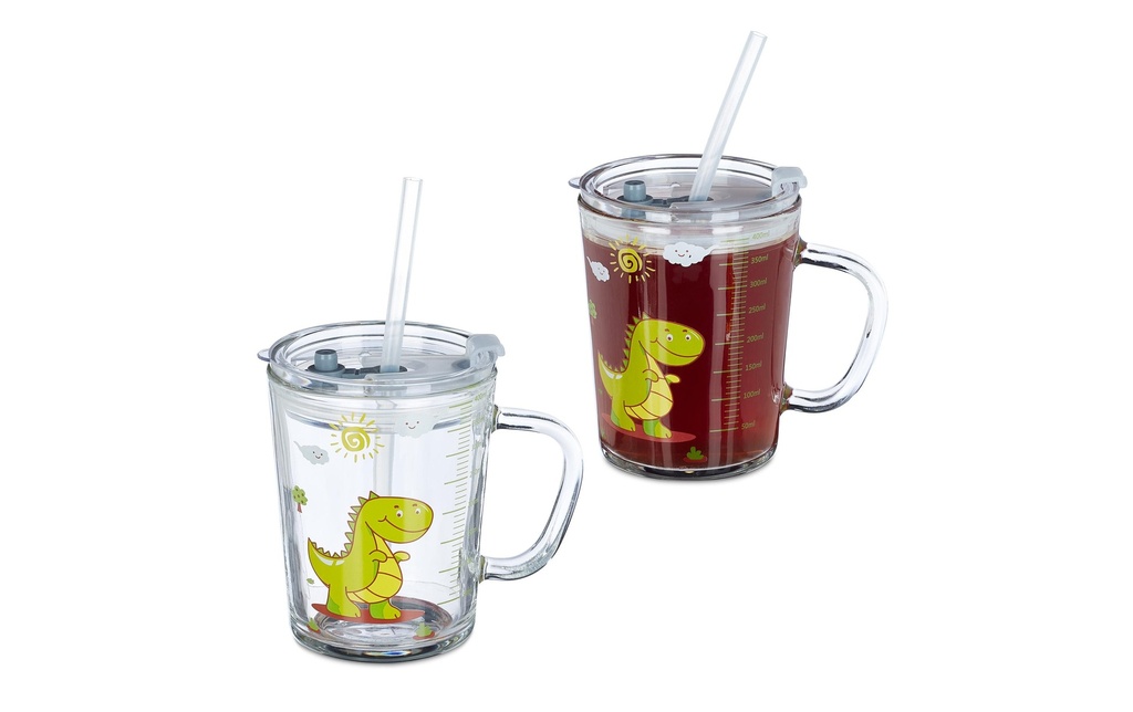 relaxdays Tasse à boire pour enfants Dino 400 ml Lot de 2, verre