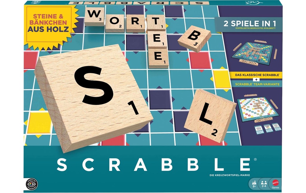 Mattel Spiele Scrabble original en bois 2 en 1 , 2-4 Spieler – DE -