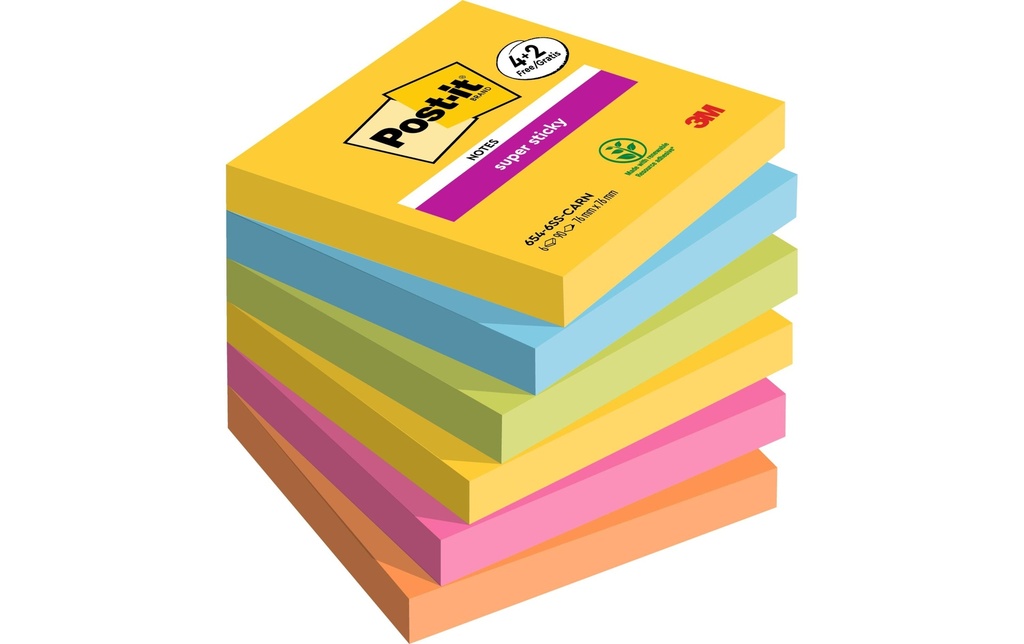Post-it Fiche de bloc-notes Super Sticky Promotion 7.6 x 7.6 cm, 6 blocs