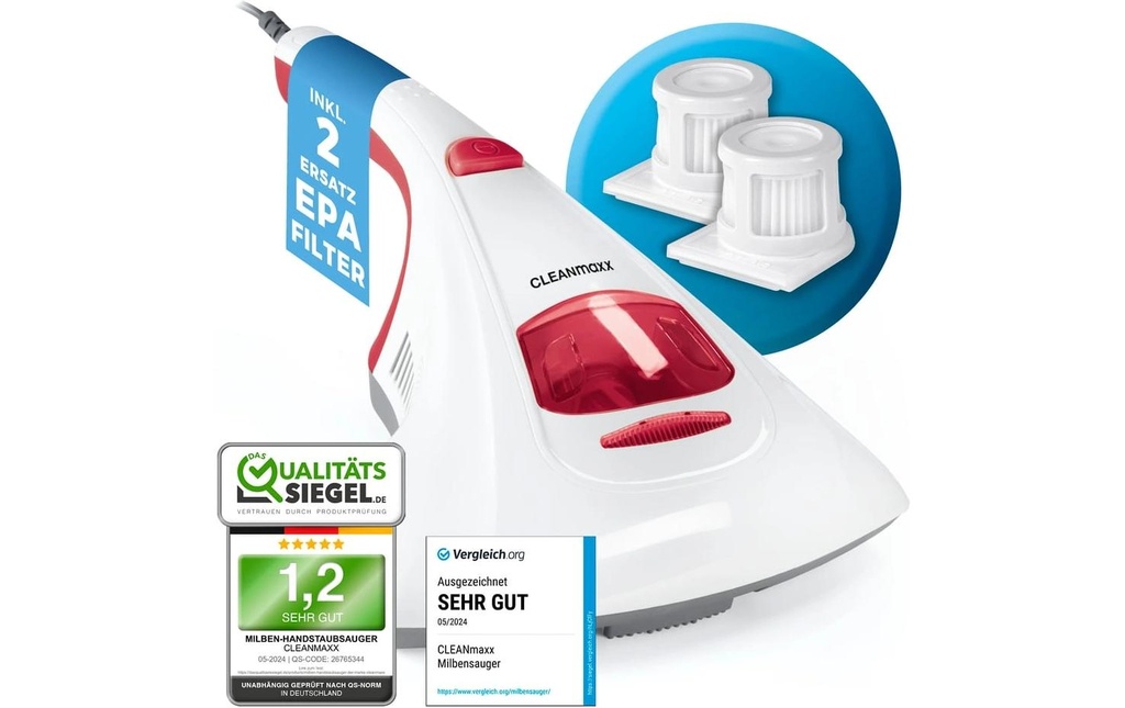 CLEANmaxx Aspirateur à main anti-acariens avec lumière UV-C 300W, blanc/rouge