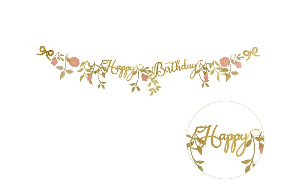 Partydeco Guirlande Joyeux anniversaire Fleurs, rose/or, 1.3 m