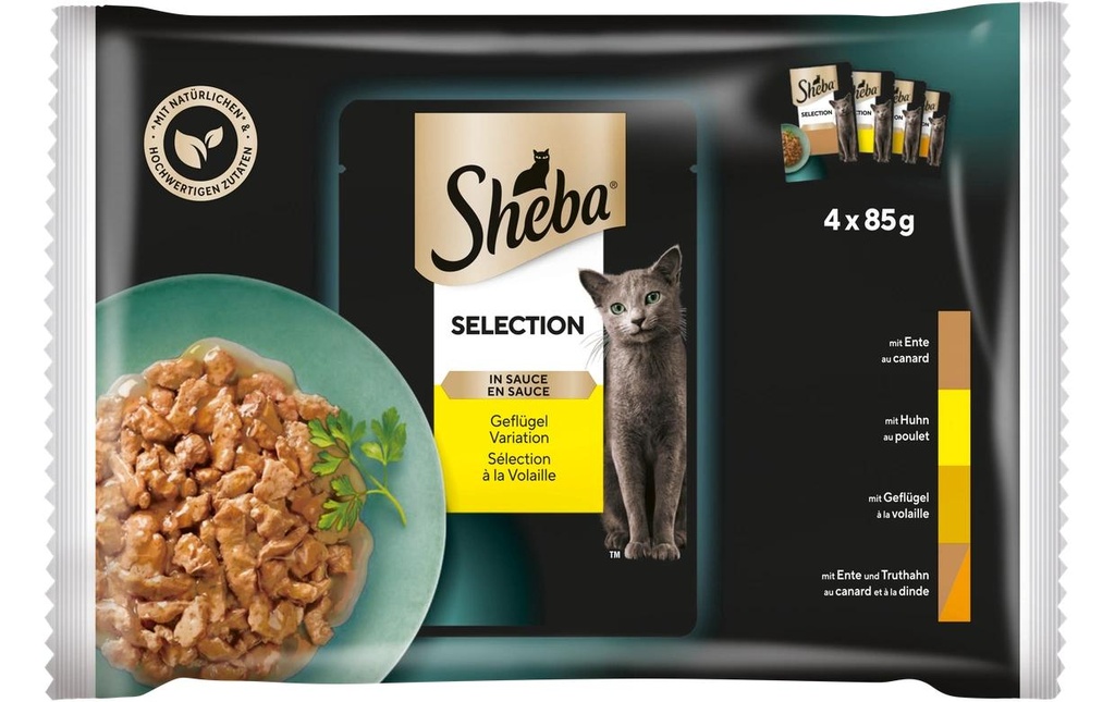 Sheba Alimentation humide Sauce Sélection Variation Volaille, 4 x 85g