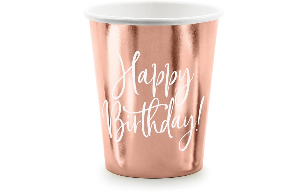 Partydeco Gobelets jetables Happy Birthday 260 ml, 6 Pièce/s, Or rose