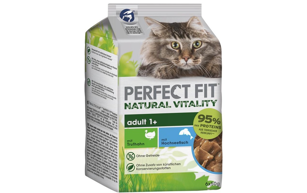 Perfect Fit Alimentation humide Cat Pouch Mini Dinde et poisson de mer 6 x 50 g