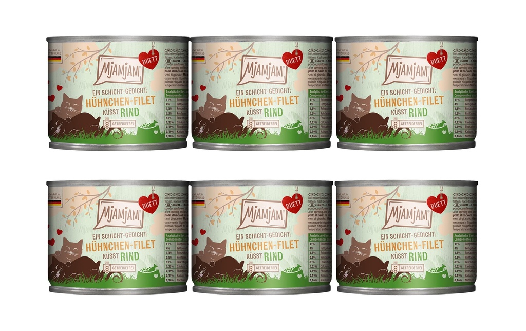 Mjamjam Alimentation humide Duo poulet-filet embrasse bœuf, 6 x 190 g