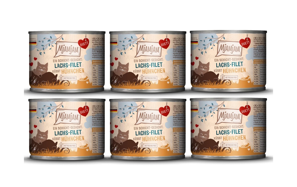 Mjamjam Alimentation humide Duo de filet de saumon embrassant du poulet, 6 x 190 g