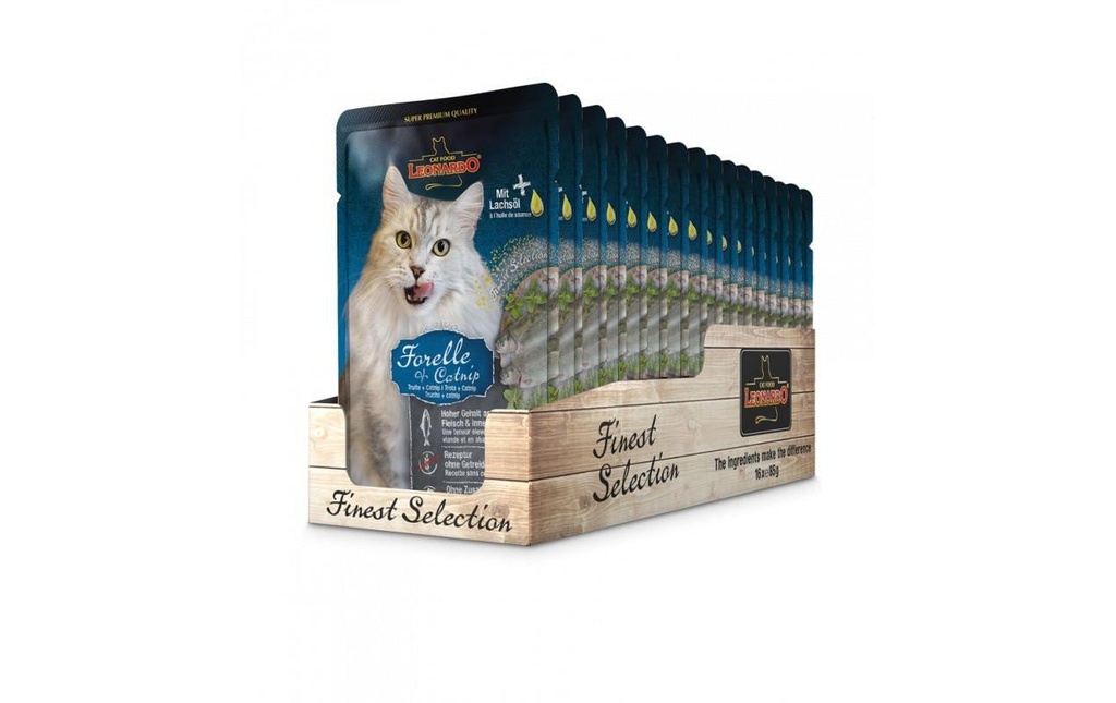 Leonardo Cat Food Alimentation humide Truite & catnip, 16 x 85 g