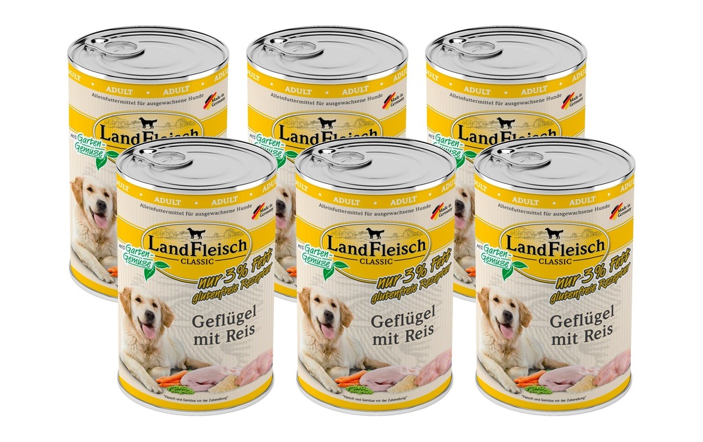 LandFleisch Alimentation humide Classic volaille avec riz, 6 x 400 g