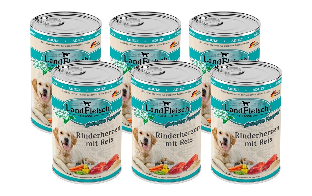 LandFleisch Alimentation humide Cœurs de bœuf classiques avec riz, 6 x 400 g